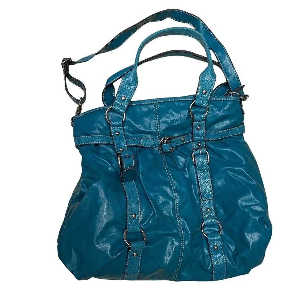 New York & Company Hobo Bag Women OS Teal Blue Snakeskin Trim Slouchy Crossbody